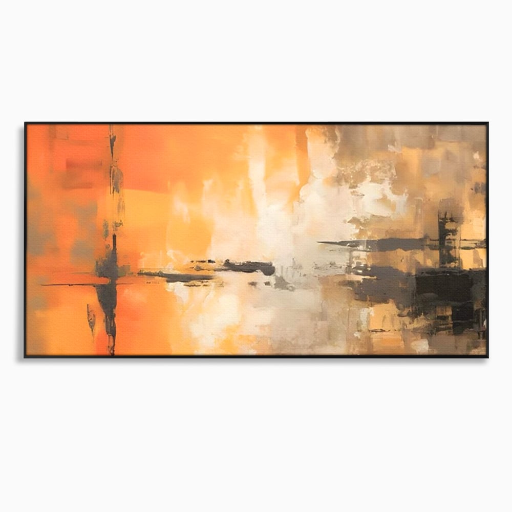 Tablou canvas cu pictura abstracta cu forme portocalii si negre, in rama de aluminiu negru